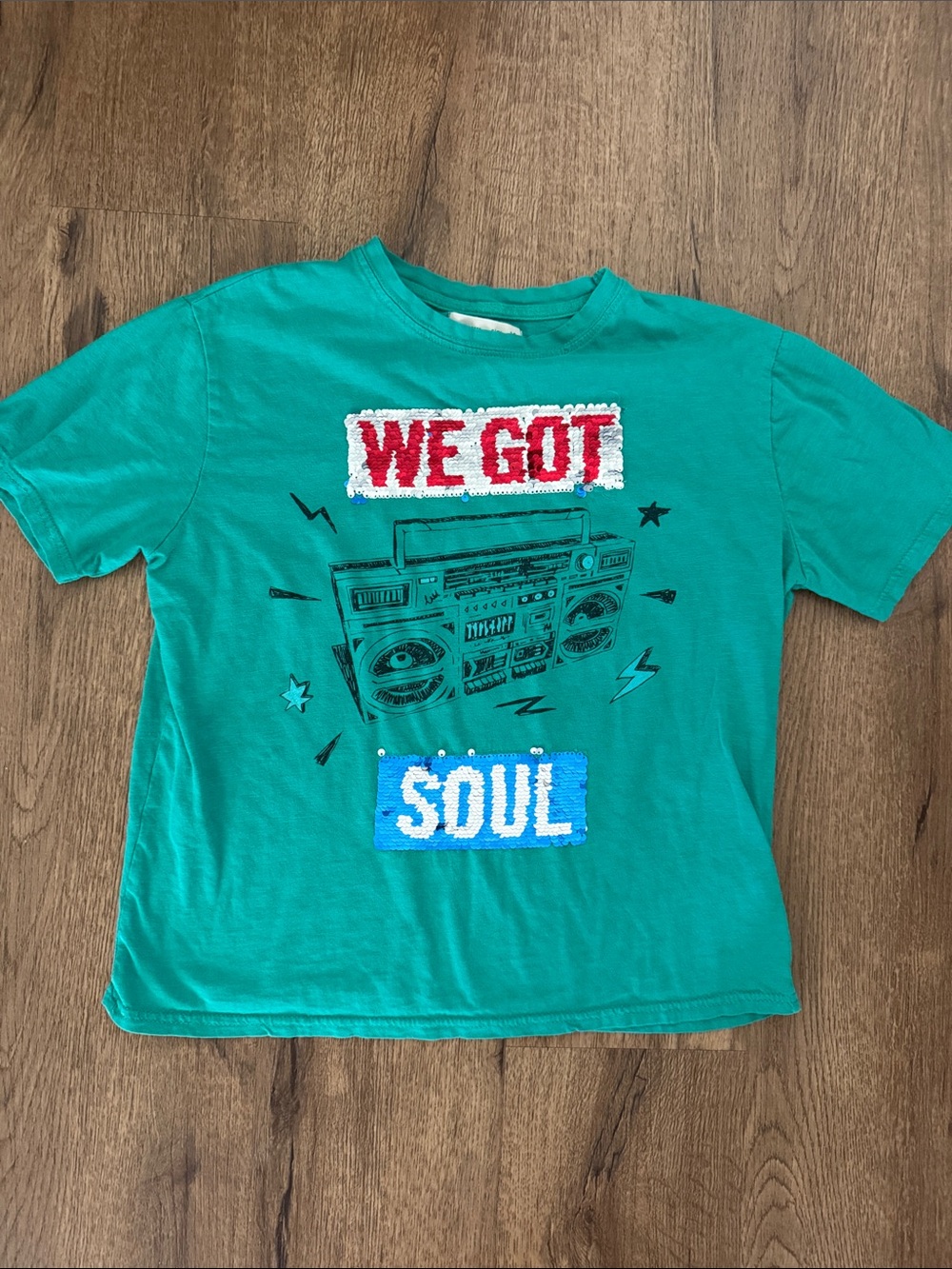Zara Teal Short Sleeve 'We Got Soul' Sequin Graphic Tee